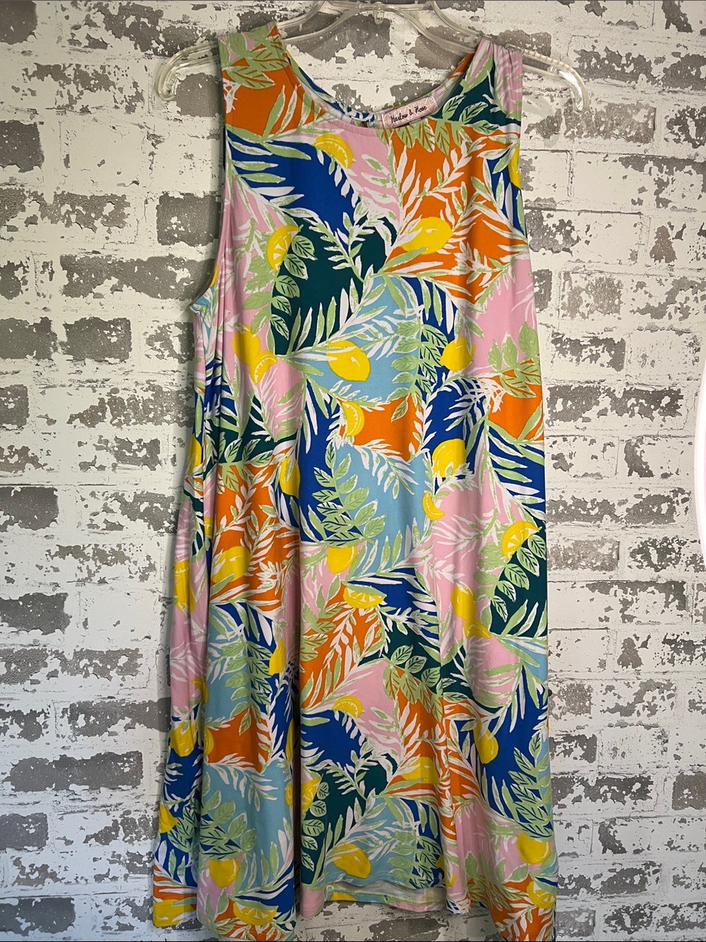 Tropical Leaf & Lemon Swing Midi Dress in Pink, Blue & Yellow
